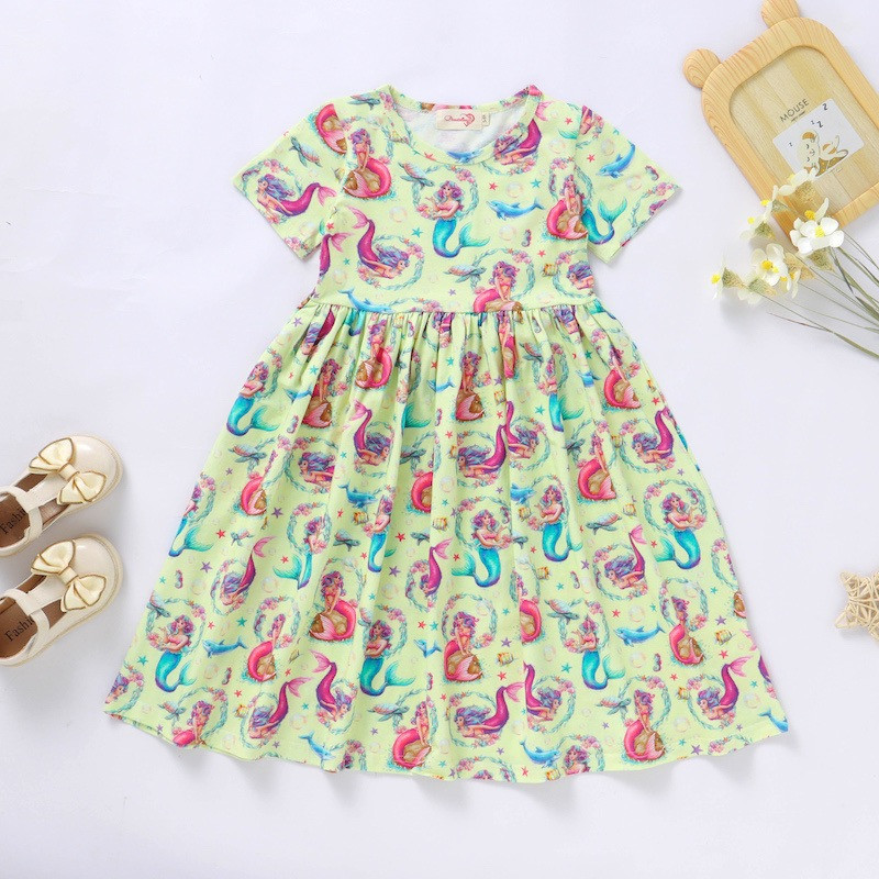 Mermaid Organic Cotton Girls Twirl Dress 2Y-10Y short sleeve 